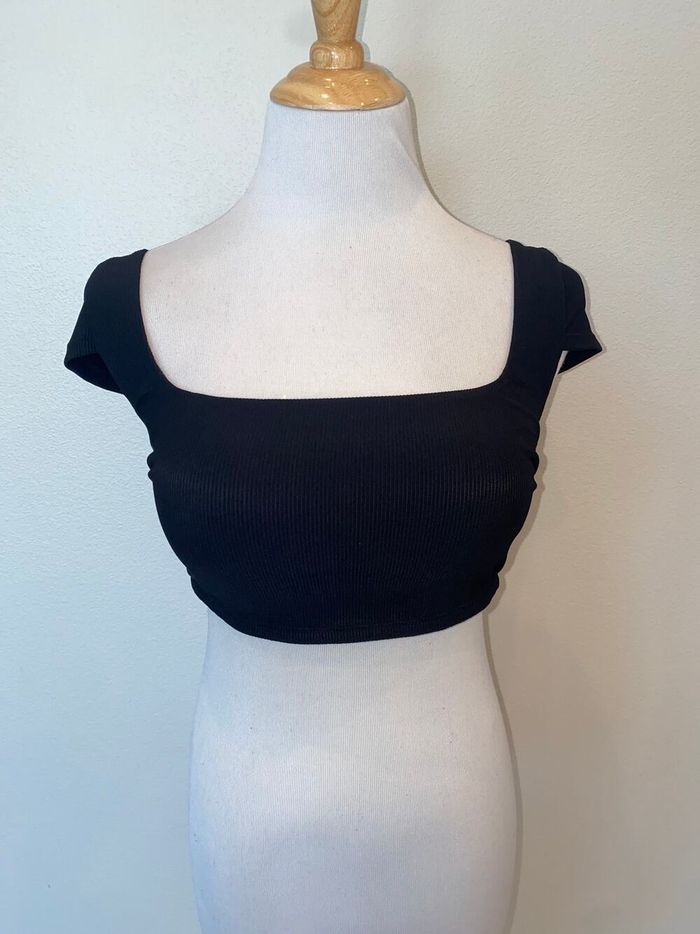 POPFLEX Top Ribbed Crop Lace Up Back Top Black Size Medium